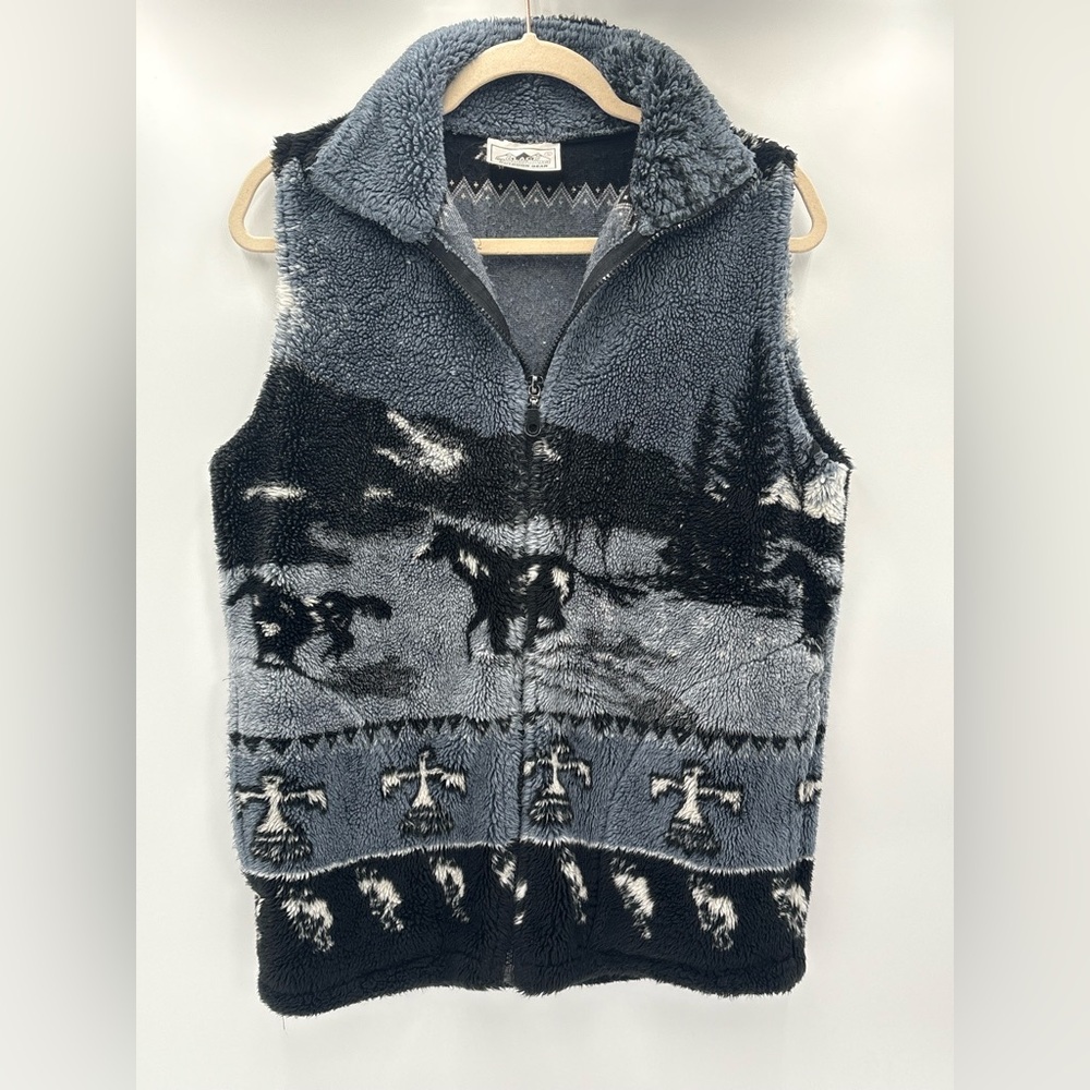 Black Mountain Sherpa Fleece‎ Vest Western Horse Print Cowboy Small